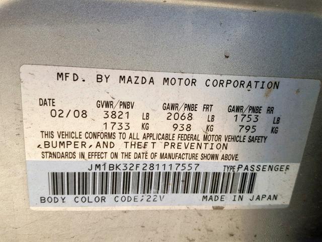 JM1BK32F281117557 - 2008 MAZDA 3 I SILVER photo 10