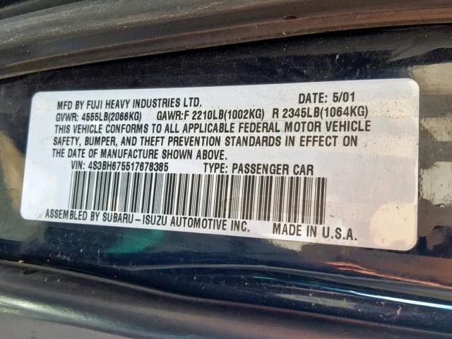 4S3BH675517678385 - 2001 SUBARU LEGACY OUT BLUE photo 10