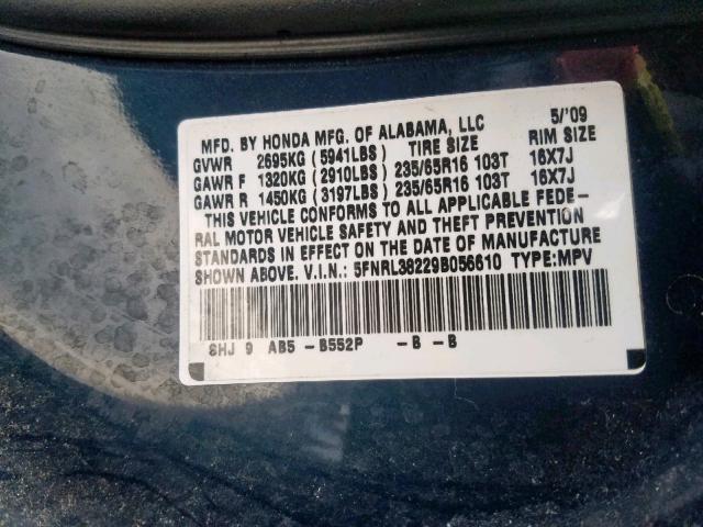 5FNRL38229B056610 - 2009 HONDA ODYSSEY LX BLUE photo 10