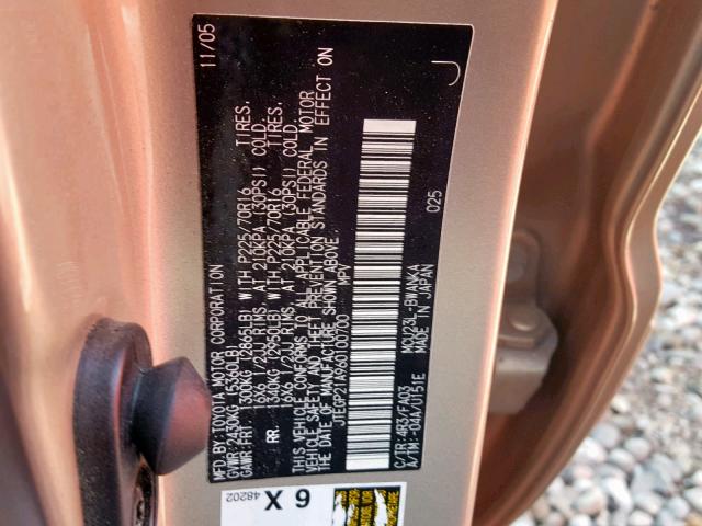 JTEGP21A960100700 - 2006 TOYOTA HIGHLANDER TAN photo 10