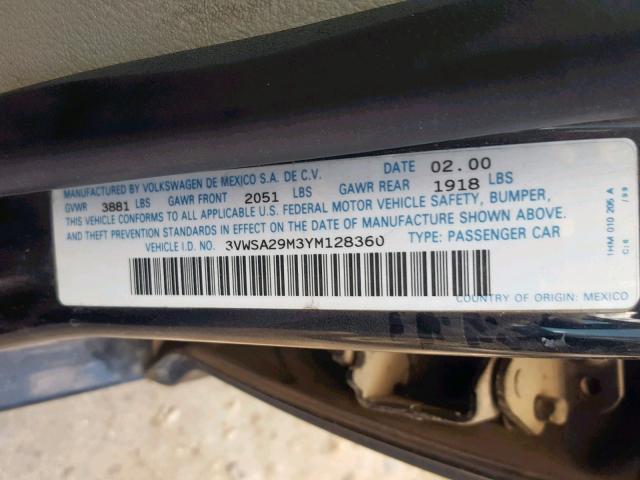 3VWSA29M3YM128360 - 2000 VOLKSWAGEN JETTA GLS CHARCOAL photo 10