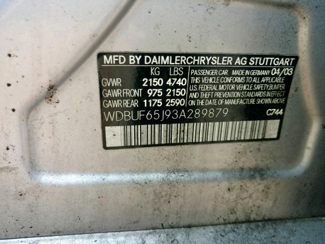 WDBUF65J93A289879 - 2003 MERCEDES-BENZ E 320 SILVER photo 10