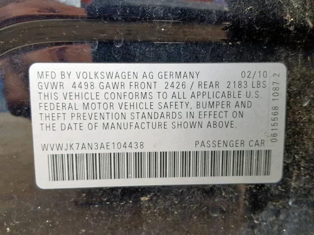 WVWJK7AN3AE104438 - 2010 VOLKSWAGEN PASSAT KOM BLACK photo 10