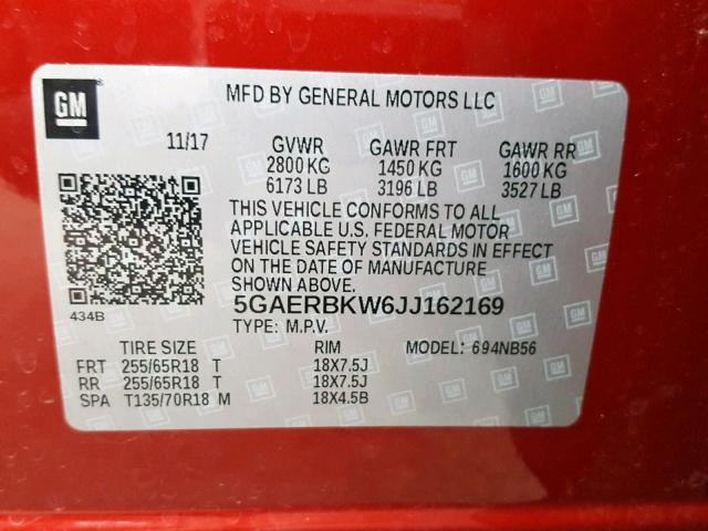 5GAERBKW6JJ162169 - 2018 BUICK ENCLAVE ES MAROON photo 10