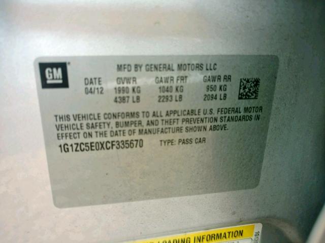 1G1ZC5E0XCF335670 - 2012 CHEVROLET MALIBU 1LT SILVER photo 10