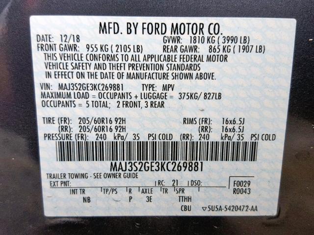 MAJ3S2GE3KC269881 - 2019 FORD ECOSPORT S GRAY photo 10