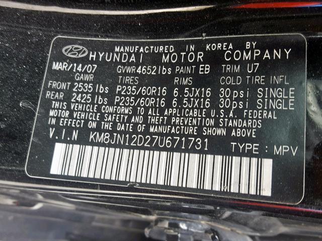 KM8JN12D27U671731 - 2007 HYUNDAI TUCSON SE BLACK photo 10