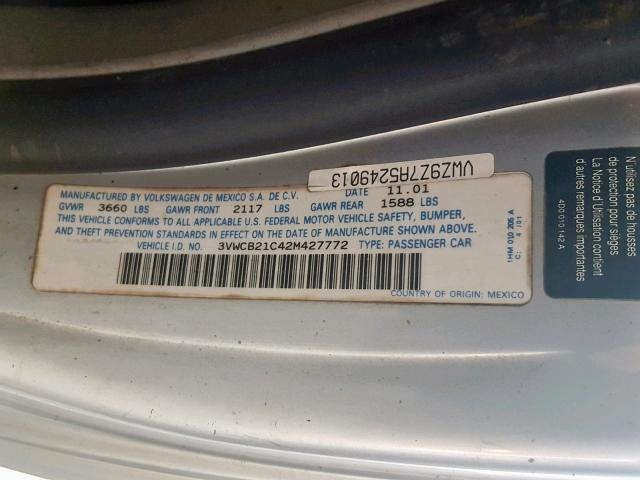 3VWCB21C42M427772 - 2002 VOLKSWAGEN NEW BEETLE ვერცხლისფერი ფოტო 10