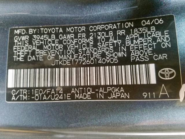 JTKDE177260140905 - 2006 TOYOTA SCION TC ნაცრისფერი ფოტო 10