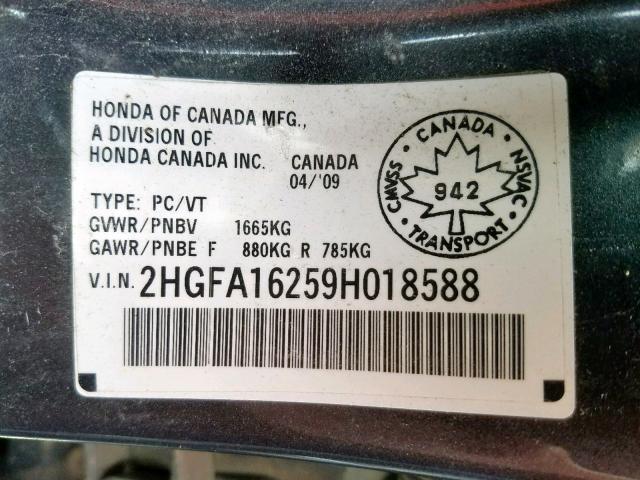 2HGFA16259H018588 - 2009 HONDA CIVIC DX GRAY photo 10