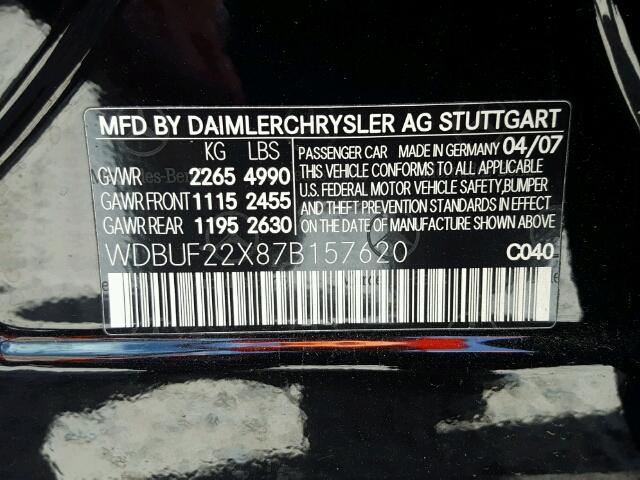 WDBUF22X87B157620 - 2007 MERCEDES-BENZ E 320 CDI BLACK photo 10