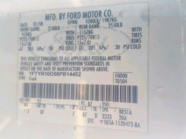 1FTYR10D58PB14452 - 2008 FORD RANGER WHITE photo 10