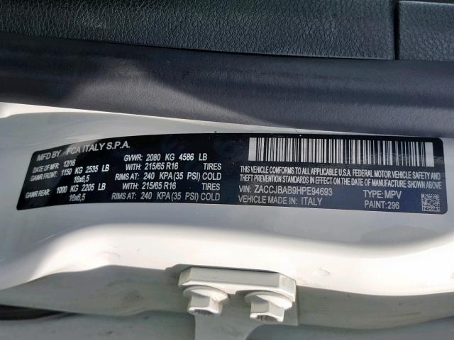 ZACCJBAB9HPE94693 - 2017 JEEP RENEGADE S თეთრი ფოტო 10