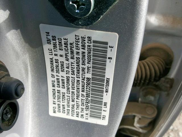 19XFB2F88EE229098 - 2014 HONDA CIVIC EX SILVER photo 10