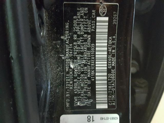 4T1BK1EBXEU110939 - 2014 TOYOTA AVALON BAS BLACK photo 10