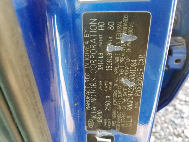 KNAFU4A28A5881084 - 2010 KIA FORTE EX BLUE photo 10