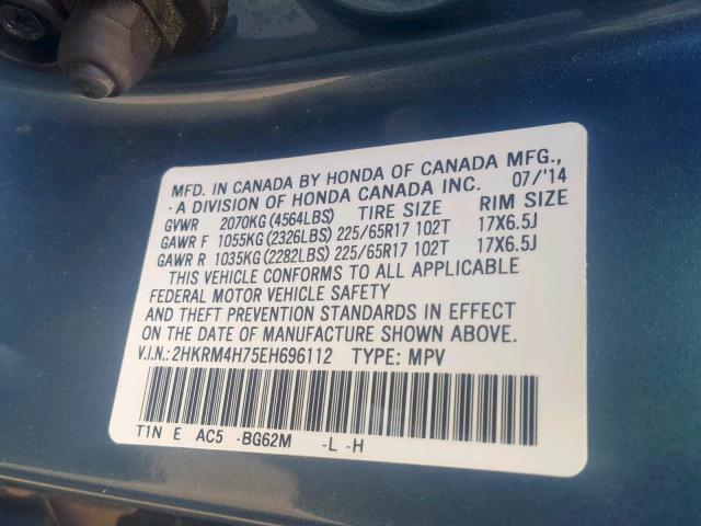 2HKRM4H75EH696112 - 2014 HONDA CR-V EXL BLUE photo 10