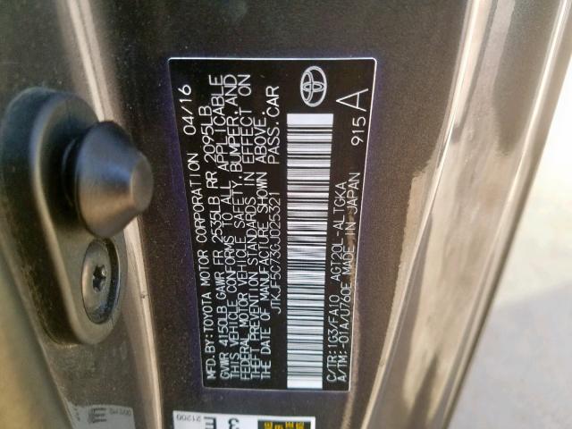 JTKJF5C73GJ025321 - 2016 TOYOTA SCION TC ნაცრისფერი ფოტო 10