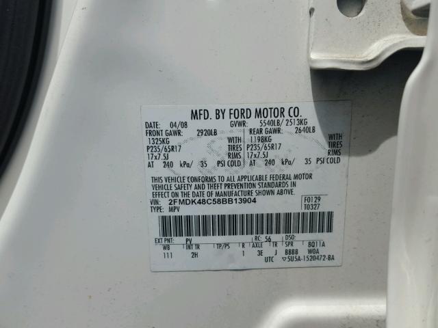 2FMDK48C58BB13904 - 2008 FORD EDGE SEL WHITE photo 10