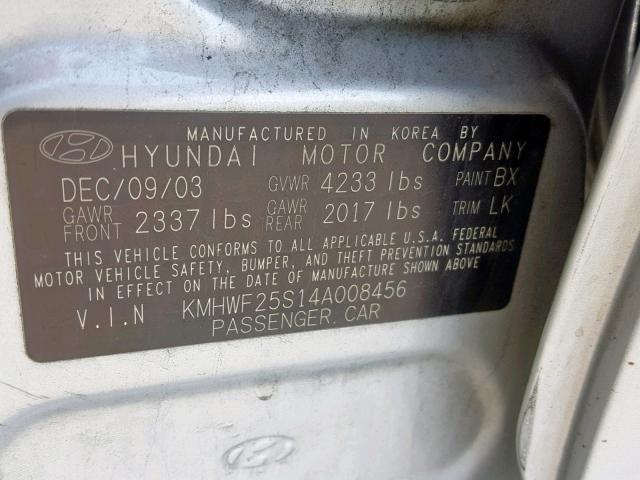 KMHWF25S14A008456 - 2004 HYUNDAI SONATA GL SILVER photo 10