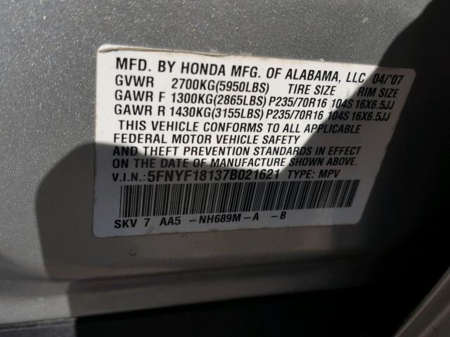 5FNYF18137B021621 - 2007 HONDA PILOT LX SILVER photo 10