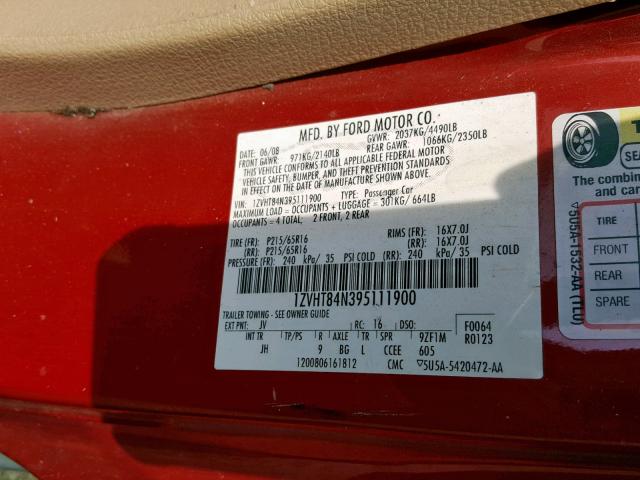 1ZVHT84N395111900 - 2009 FORD MUSTANG RED photo 10
