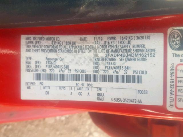 3FADP4BJ4DM162152 - 2013 FORD FIESTA SE RED photo 10