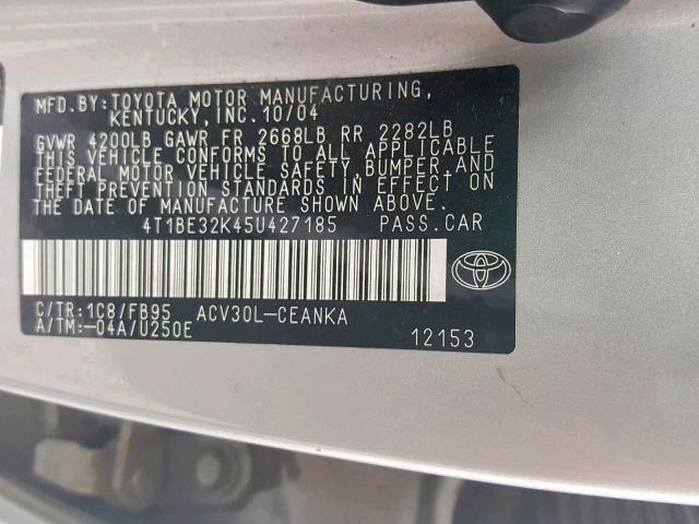 4T1BE32K45U427185 - 2005 TOYOTA CAMRY LE SILVER photo 10