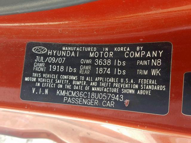 KMHCM36C18U057943 - 2008 HYUNDAI ACCENT GS ORANGE photo 10