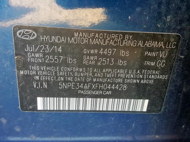 5NPE34AFXFH044428 - 2015 HYUNDAI SONATA SPO BLUE photo 10