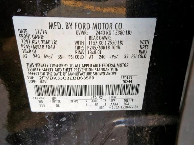 2FMDK3JC3EBB63569 - 2014 FORD EDGE SEL BLACK photo 10