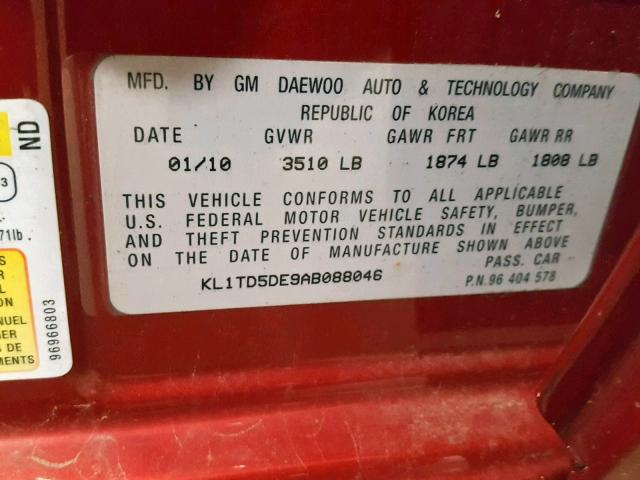 KL1TD5DE9AB088046 - 2010 CHEVROLET AVEO LS RED photo 10