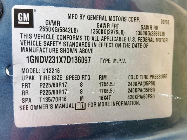 1GNDV231X7D136097 - 2007 CHEVROLET UPLANDER L TEAL photo 10