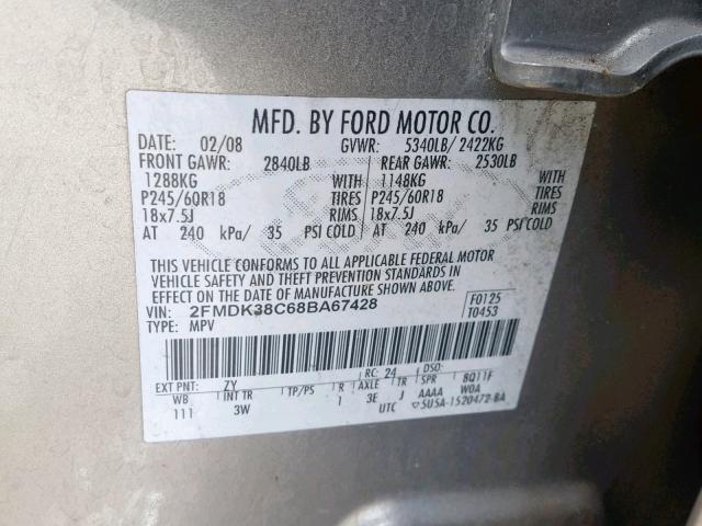 2FMDK38C68BA67428 - 2008 FORD EDGE SEL BEIGE photo 10