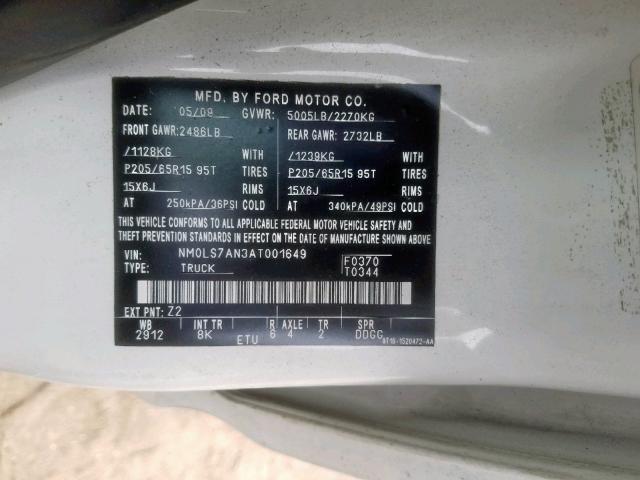 NM0LS7AN3AT001649 - 2010 FORD TRANSIT CO WHITE photo 10