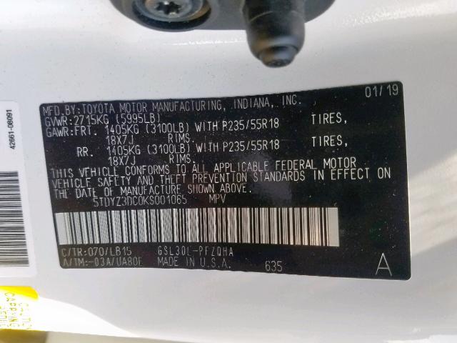 5TDYZ3DC0KS001065 - 2019 TOYOTA SIENNA LIM WHITE photo 10