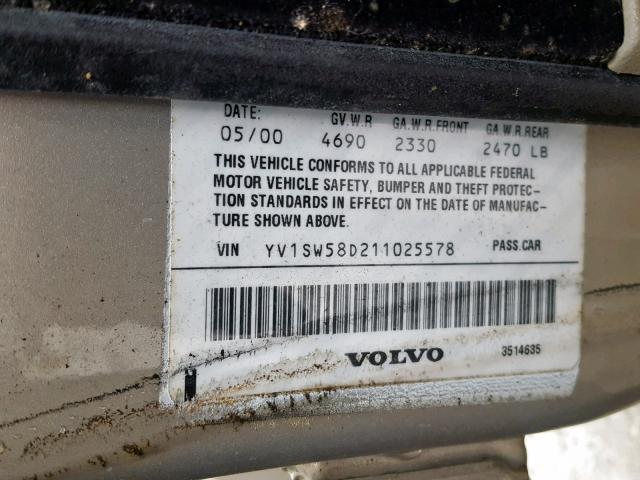 YV1SW58D211025578 - 2001 VOLVO V70 2.4T TAN photo 10