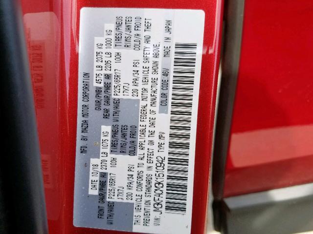 JM3KFACM3K1510942 - 2019 MAZDA CX-5 TOURI RED photo 10