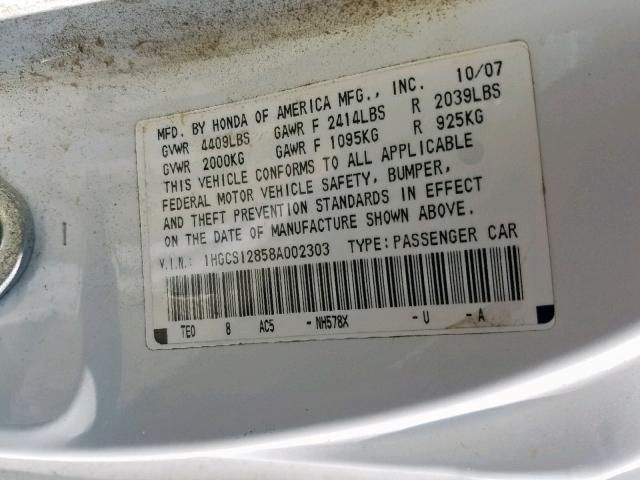 1HGCS12858A002303 - 2008 HONDA ACCORD EXL WHITE photo 10