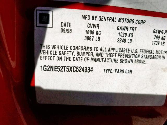 1G2NE52T5XC524334 - 1999 PONTIAC GRAND AM S RED photo 10