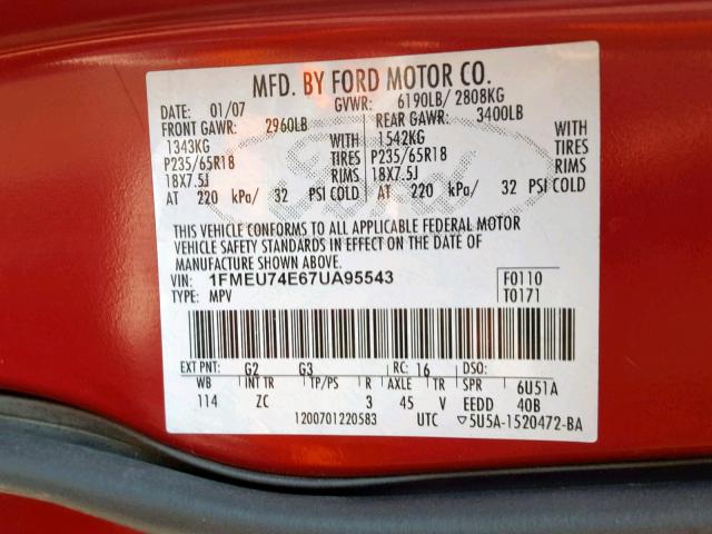 1FMEU74E67UA95543 - 2007 FORD EXPLORER E RED photo 10