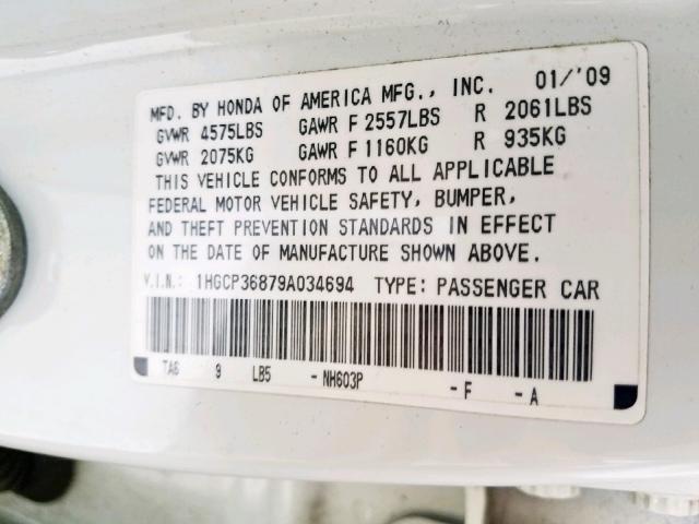 1HGCP36879A034694 - 2009 HONDA ACCORD EXL WHITE photo 10