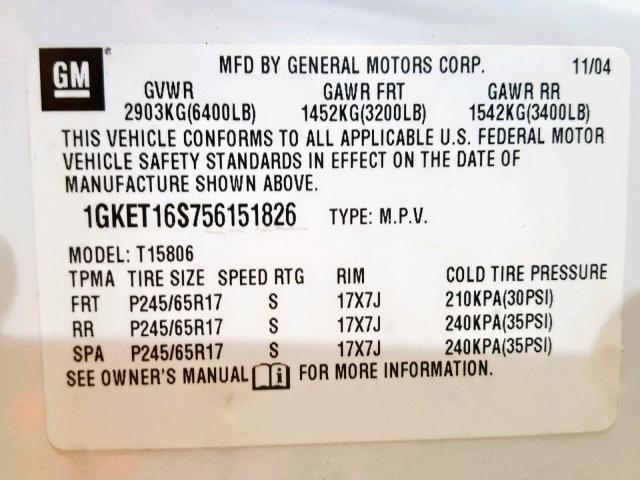 1GKET16S756151826 - 2005 GMC ENVOY XL WHITE photo 10