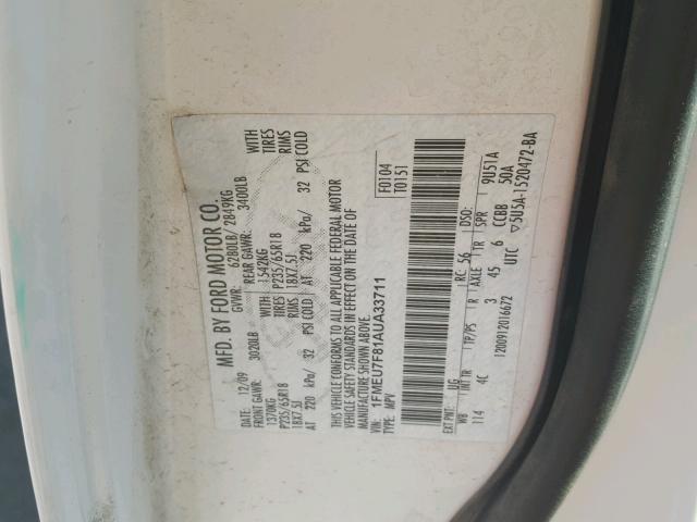 1FMEU7F81AUA33711 - 2010 FORD EXPLORER L WHITE photo 10