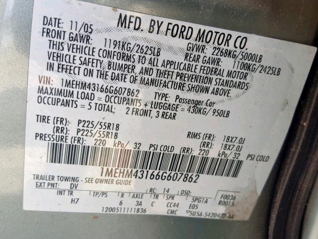 1MEHM43166G607862 - 2006 MERCURY MONTEGO PR მწვანე ფოტო 10