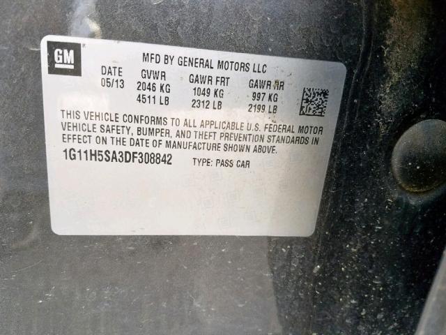 1G11H5SA3DF308842 - 2013 CHEVROLET MALIBU LTZ გრაფიტი ფოტო 10