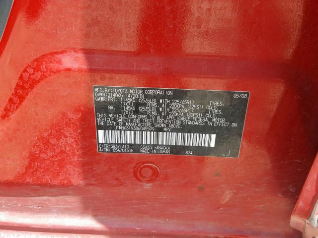 JTMBK31V386045599 - 2008 TOYOTA RAV4 LIMIT RED photo 10