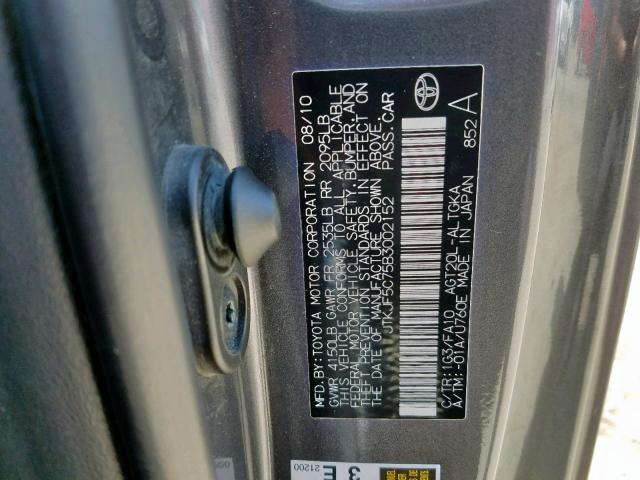 JTKJF5C75B3002152 - 2011 TOYOTA SCION TC ნაცრისფერი ფოტო 10