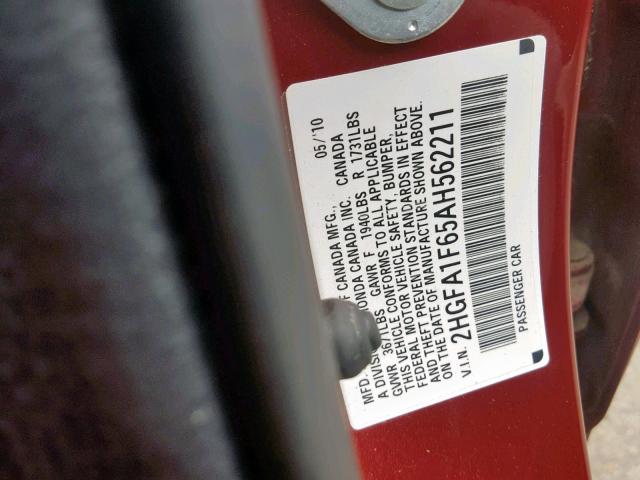 2HGFA1F65AH562211 - 2010 HONDA CIVIC LX-S برغندي صورة 10