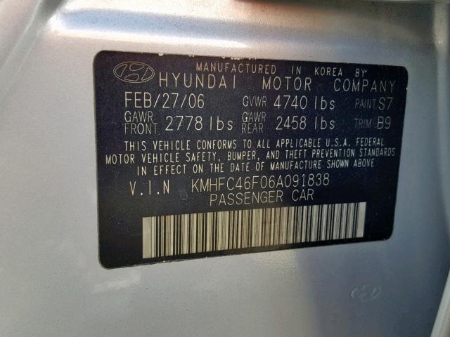 KMHFC46F06A091838 - 2006 HYUNDAI AZERA SE SILVER photo 10